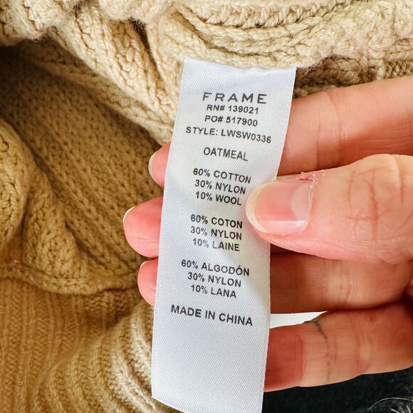 Frame Tan Ribbed Cable Knit Crew Neck Balloon Puff-Sleeve Banded Crop Sweater XS - Picture 8 of 12